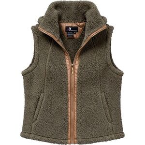 i5 Apparel Womens XXL Sherpa Fleece Vest Olive Green Faux Leather Trim Full Zip